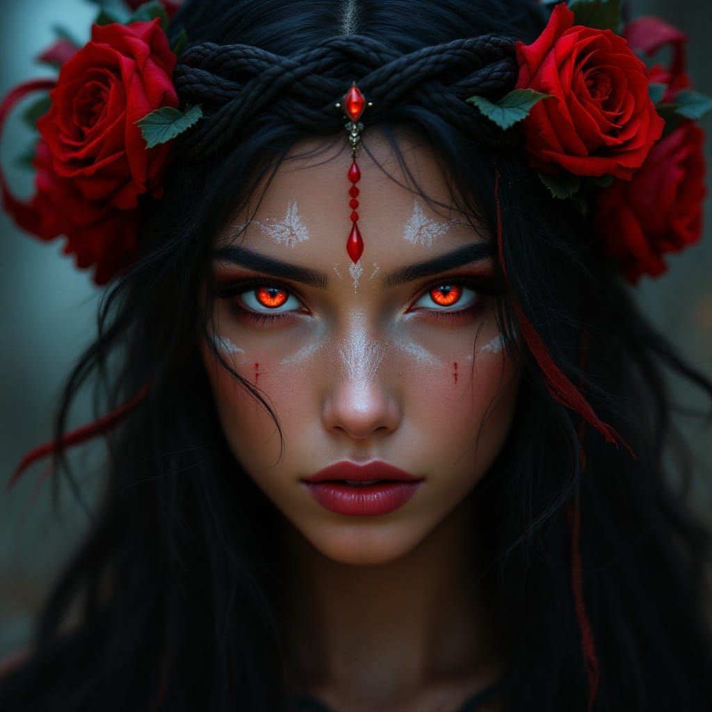 Native Woman in Black and Red Roses Crown with Piercing Red ...