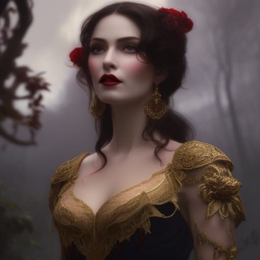 Hyperrealistic Vampire Woman Portrait with Lace and Silk