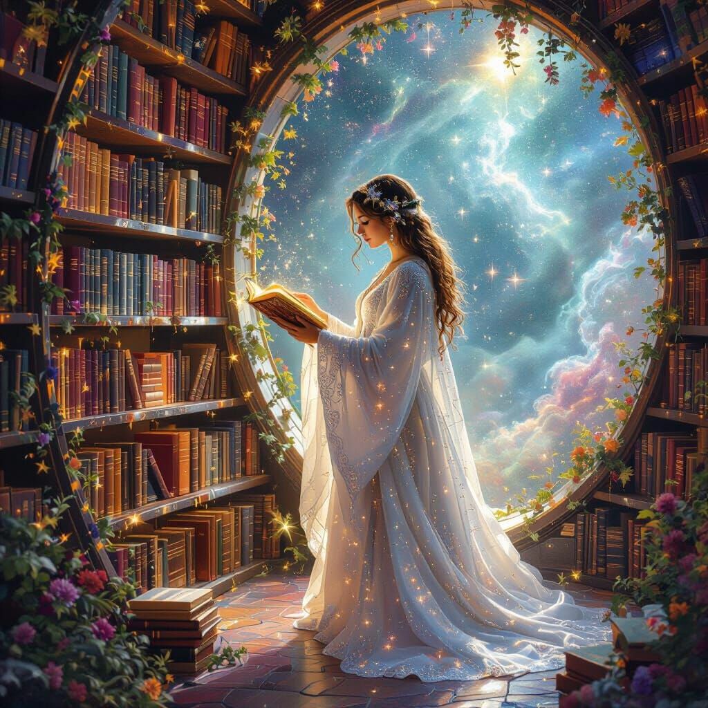 Celestial Librarian in Bioluminescent Nebula Library