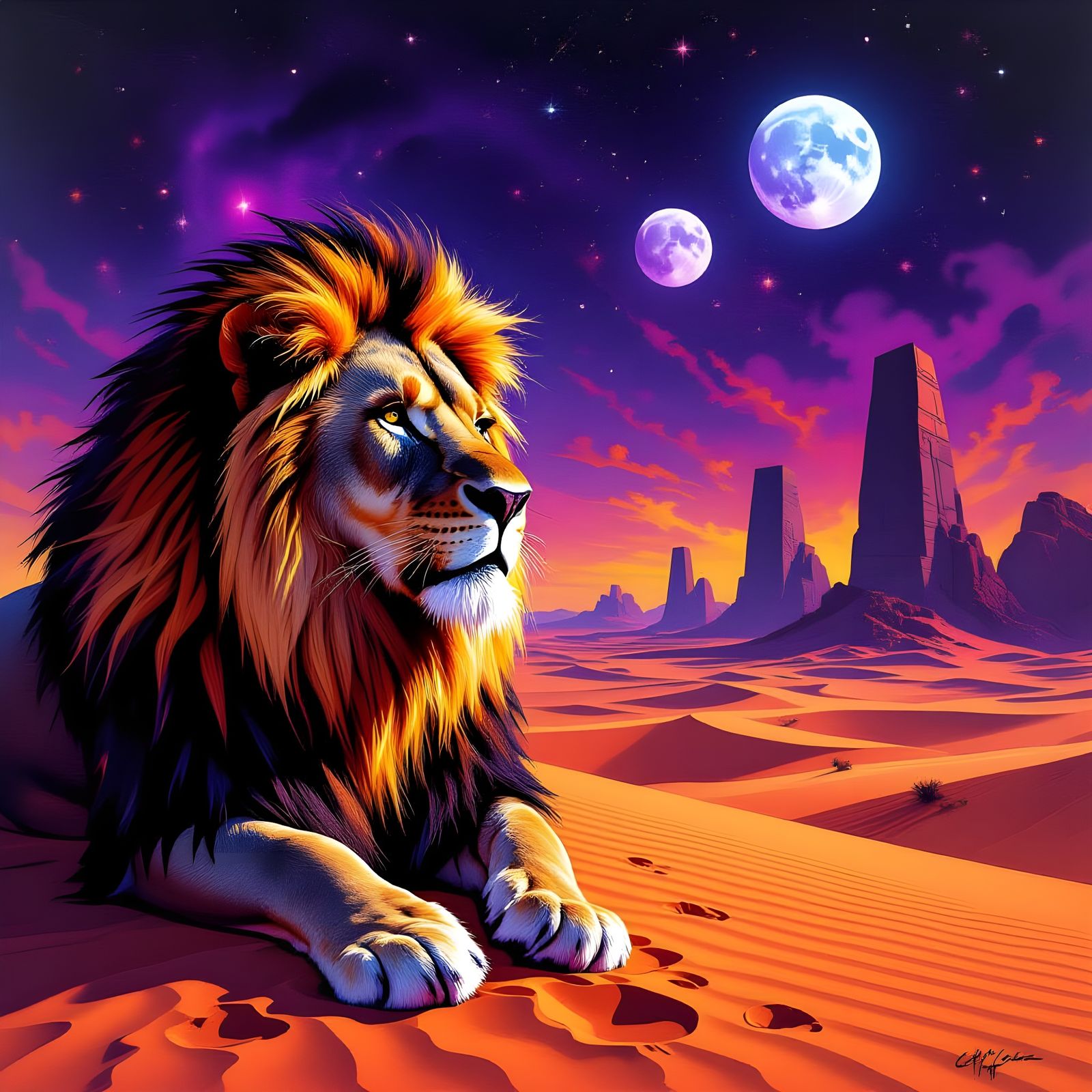 Lion Supernova Gazes Over Alien Desert Landscape
