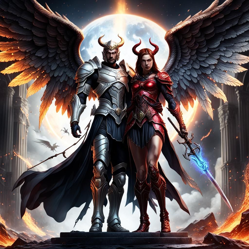Archangel and Devil Couple in Dark Fantasy Style