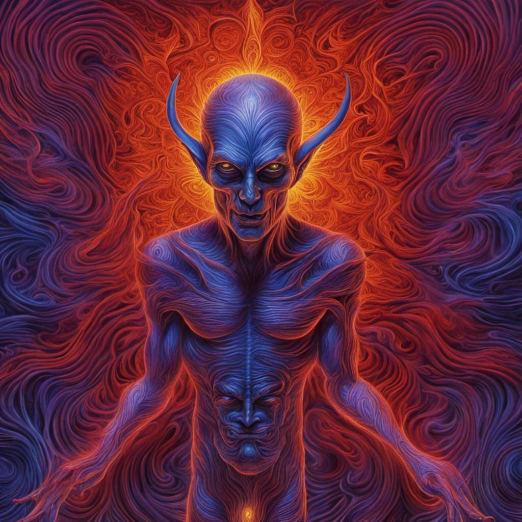 Winged Devil in Psychedelic Oil Painting