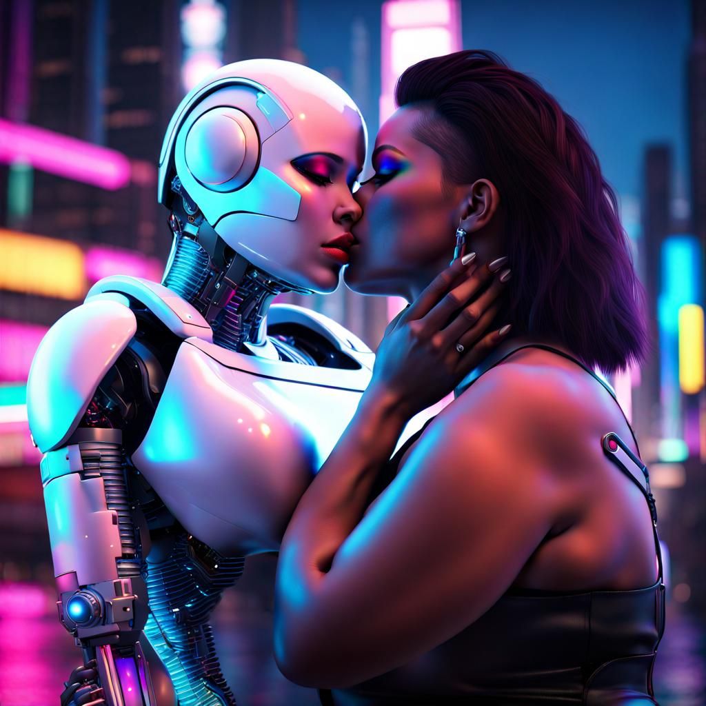 Cyberpunk Romance: Android and Woman Kiss in Neon City