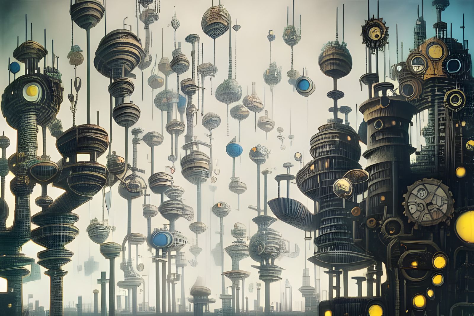 Steampunk Futuristic City with Geometric Elements