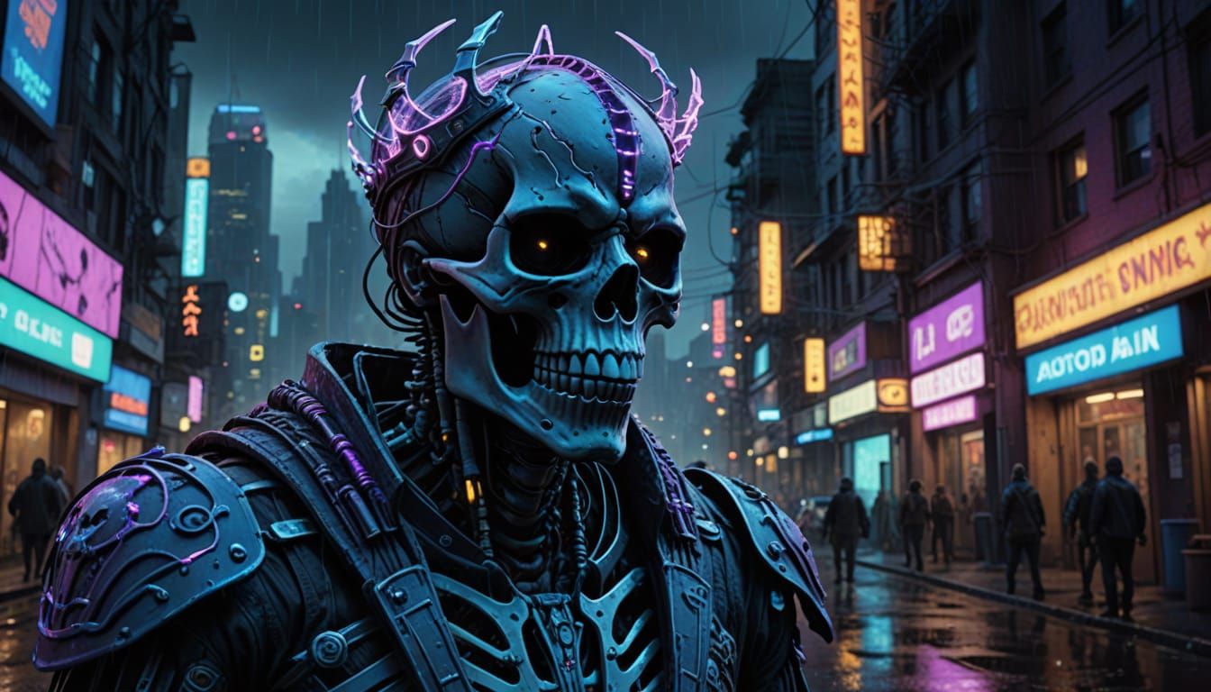 Skeleton King Rules Neon City in Cyberpunk Style