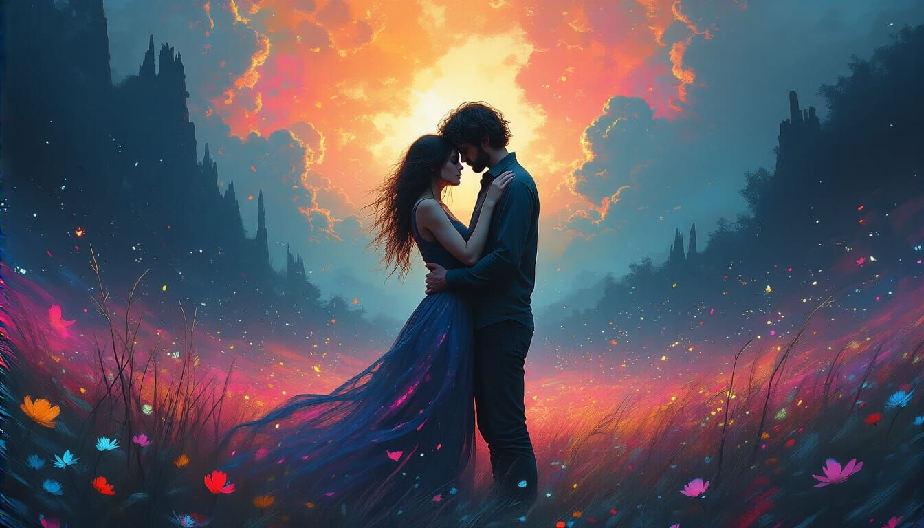 Embracing Couple in Mystical Landscape: Ethereal Art