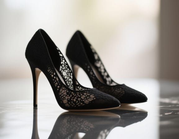 Elegant Black Lace Heels on Reflective Surface