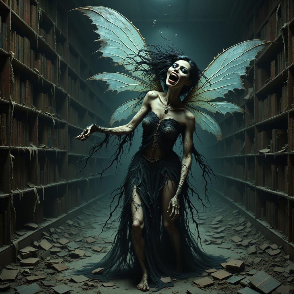 Gothic Zombie Fairy Dances Amidst Forgotten Tomes