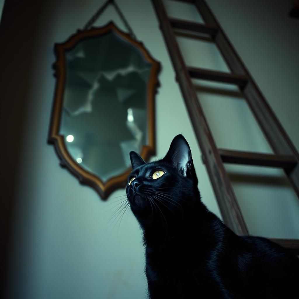 Ominous Black Cat Under Ladder in Cinematic Style