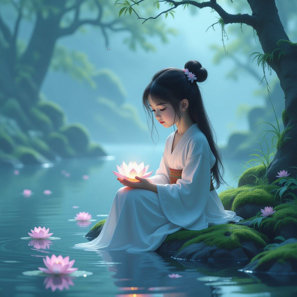 Ethereal Portrait of Girl with Glowing Lotus in Mystical For...