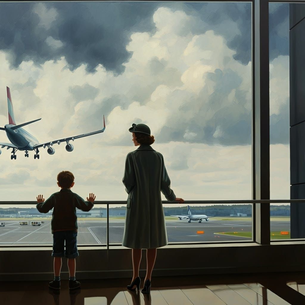 Elegant Woman and Boy Gaze at Airplanes at Airport