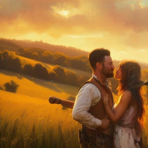 Romantic Couple Rolling in Hay, Speed Painting Style