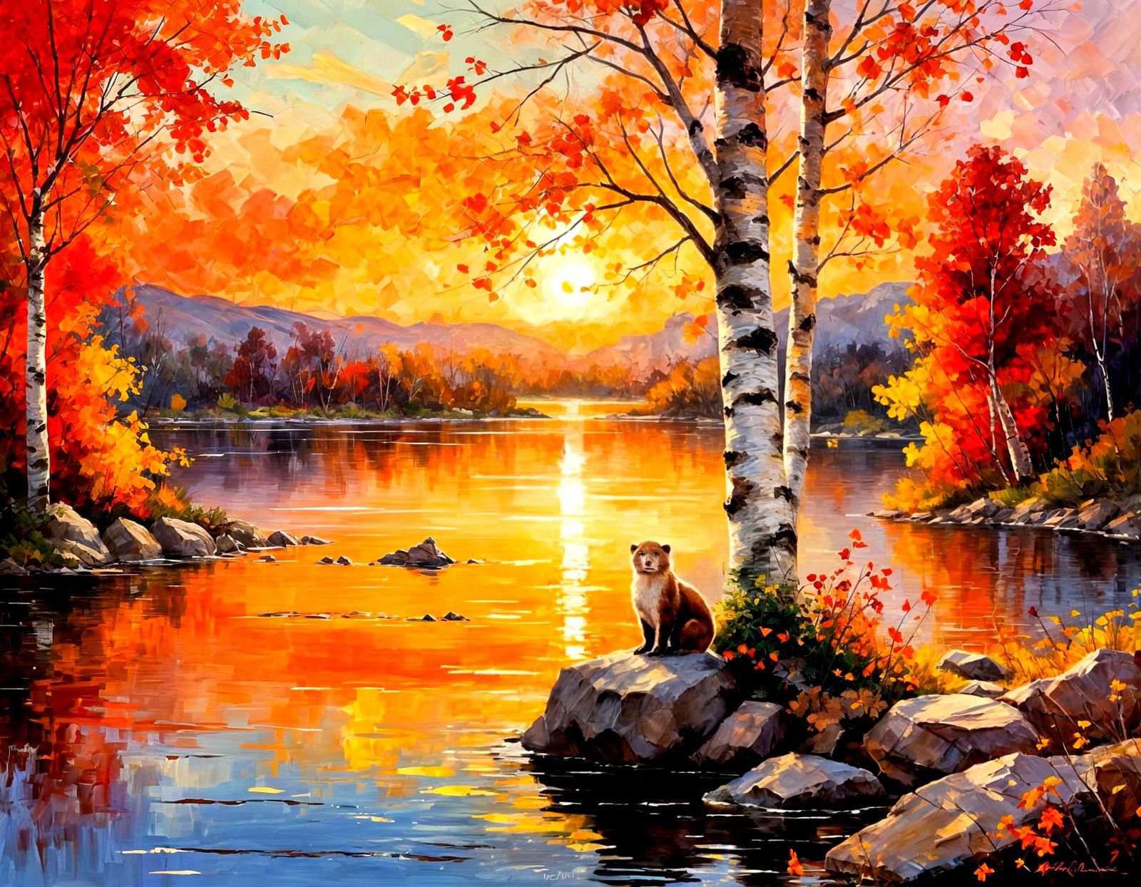 Otter by Birch Tree Lake at Vibrant Autumn Sunset