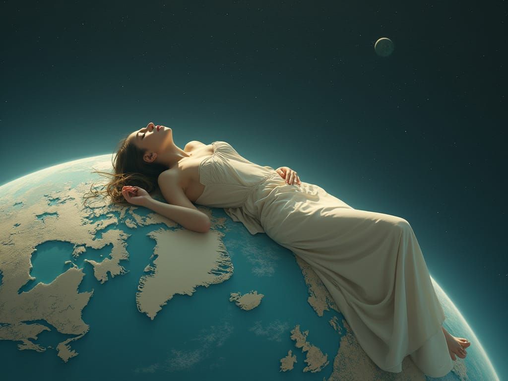 Goddess Woman Resting on Earth Globe