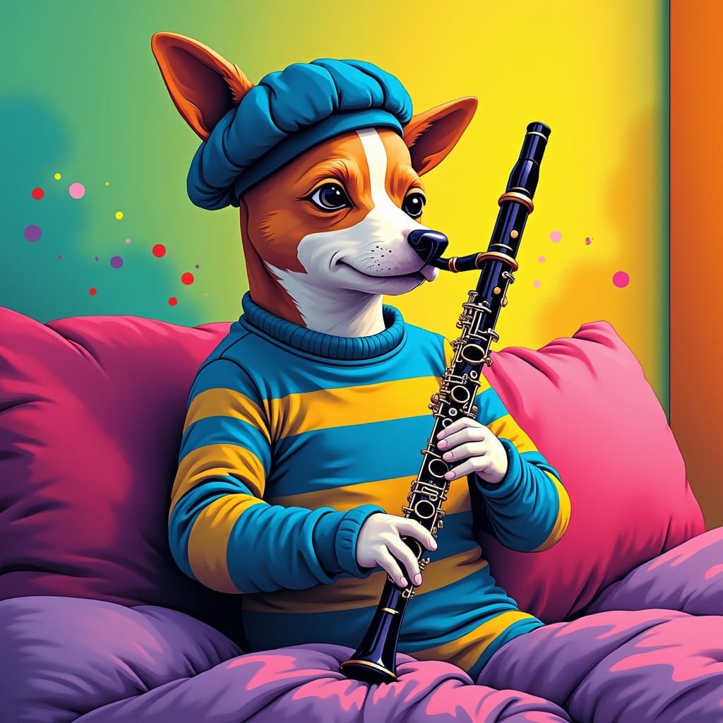 Dog Playing Clarinet in Screen Print Style