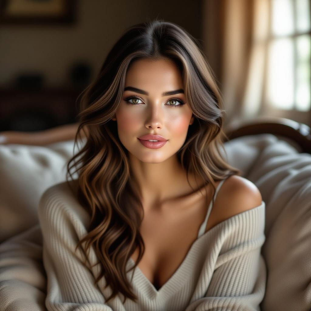 Beautiful Woman Portrait on Cozy Sofa