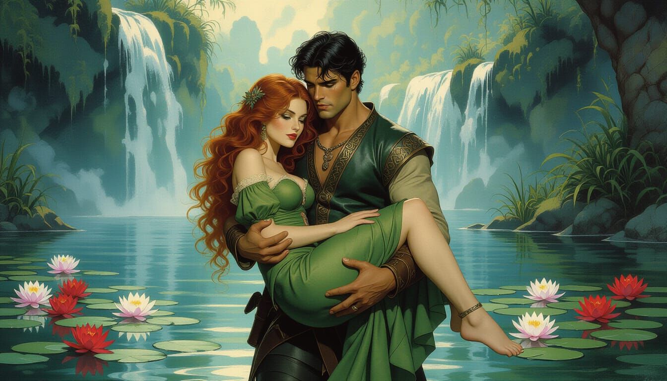 Medieval Couple Carried by Waterfall Pond Fantasy Art