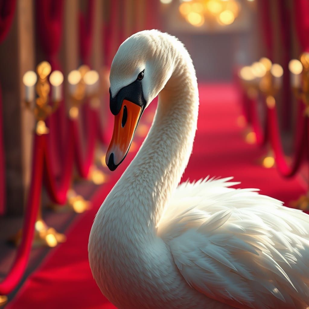 Serenely Gliding Swan on Red Carpet in Triadic Colors