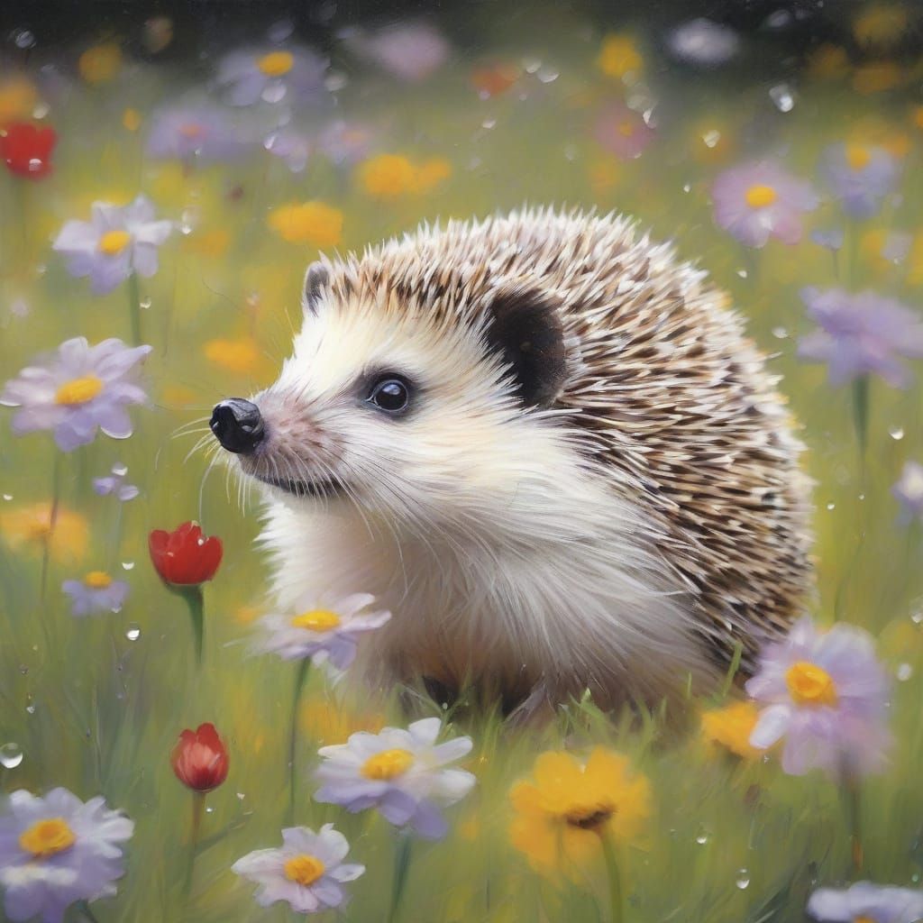 Water Hedgehog Among Flowers, Splash Art Style