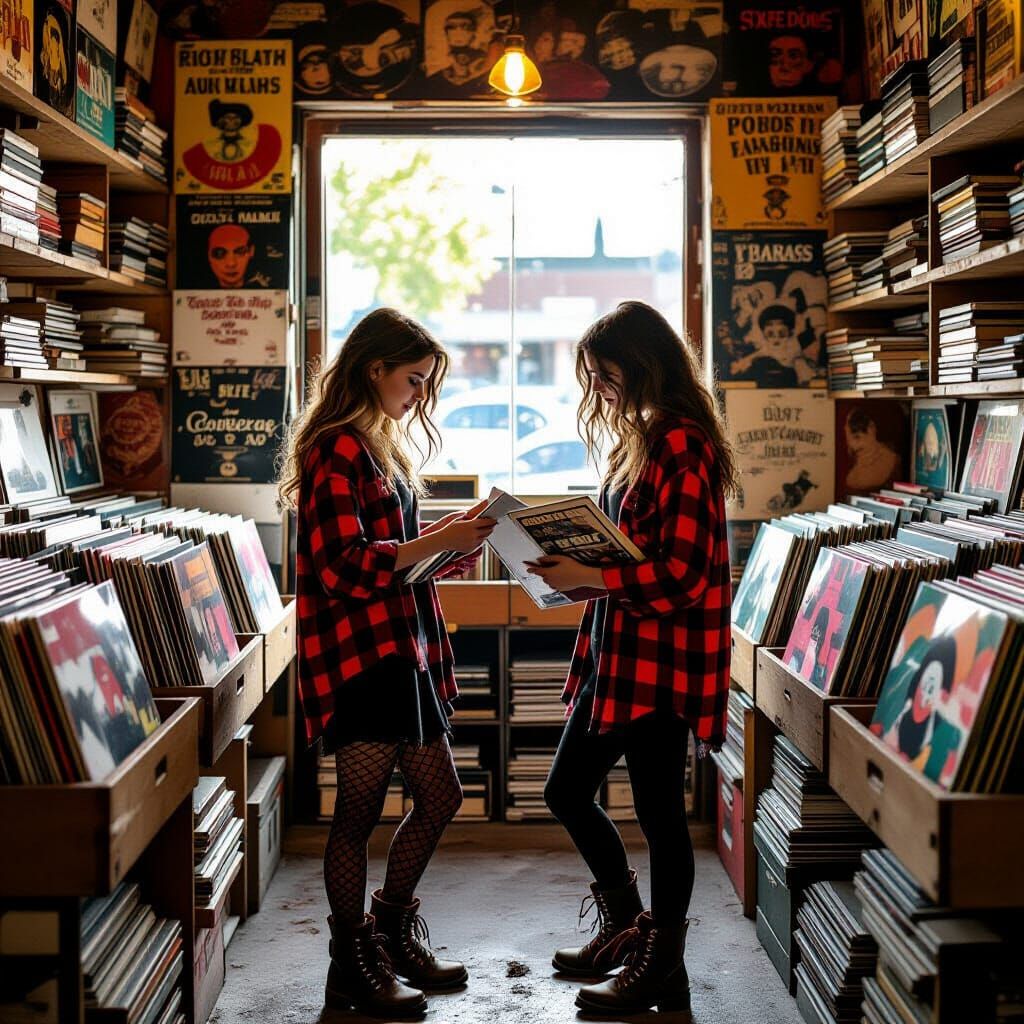 Grunge Teens Digging Through Vinyl in Vintage Record Store