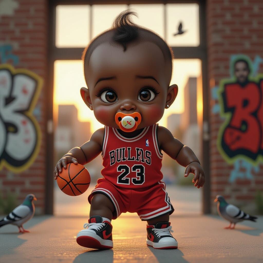 Grotesque Baby Basketball Player in Hyperrealistic Style