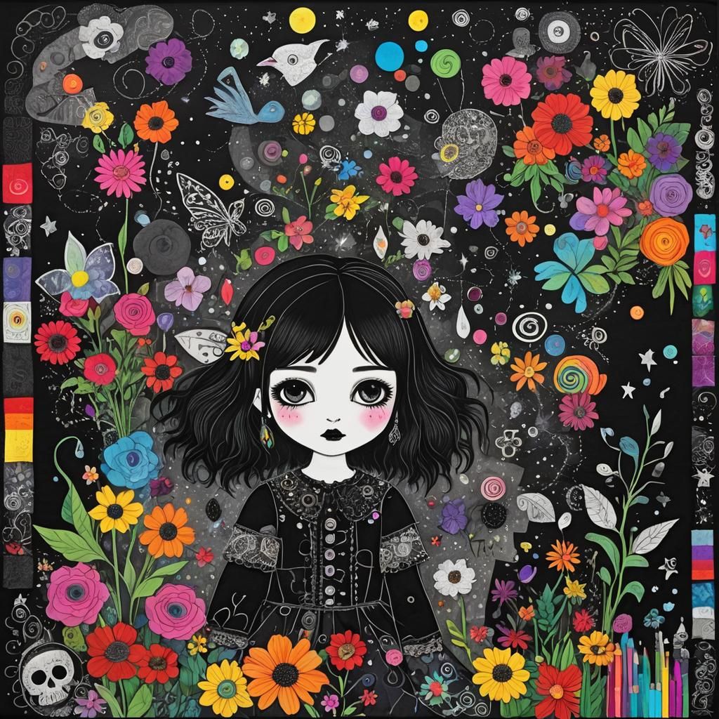Chibi Goth Girl in Surreal Crayon Drawing