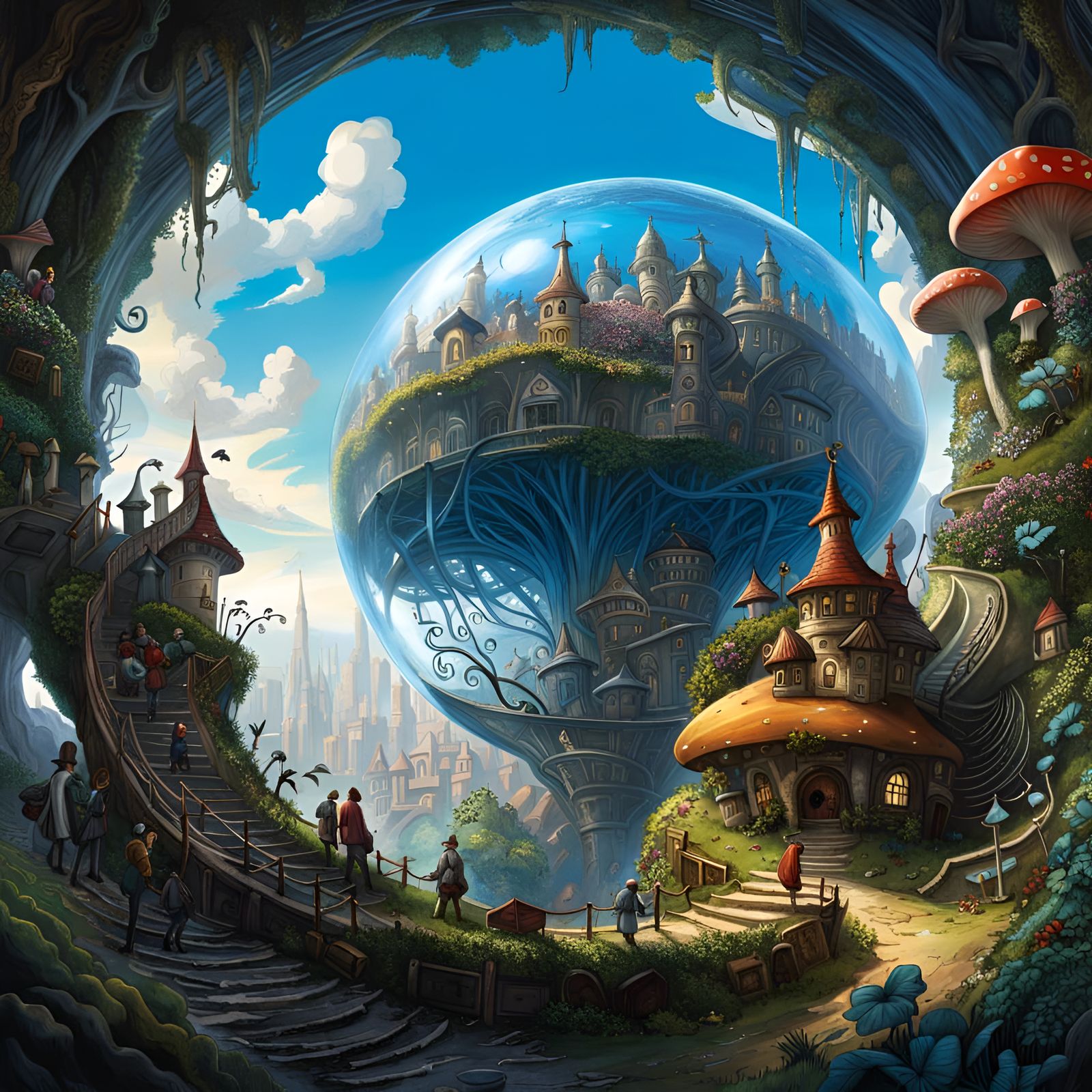 Magical Mushroom City Inside Shimmering Portal