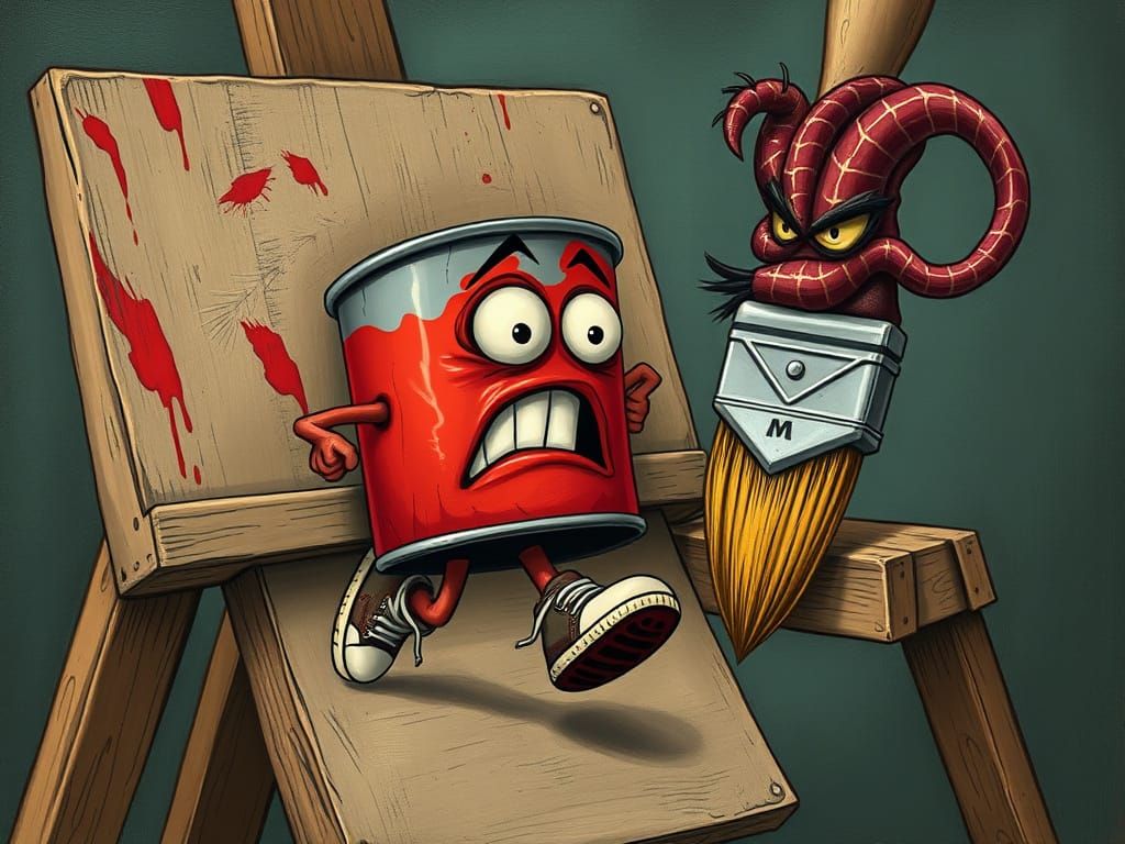 Whimsical Paintbrush Menace Chases Colorful Paint Tin