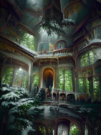 Holographic Palace in Forest: Astral Cosmic Illustration