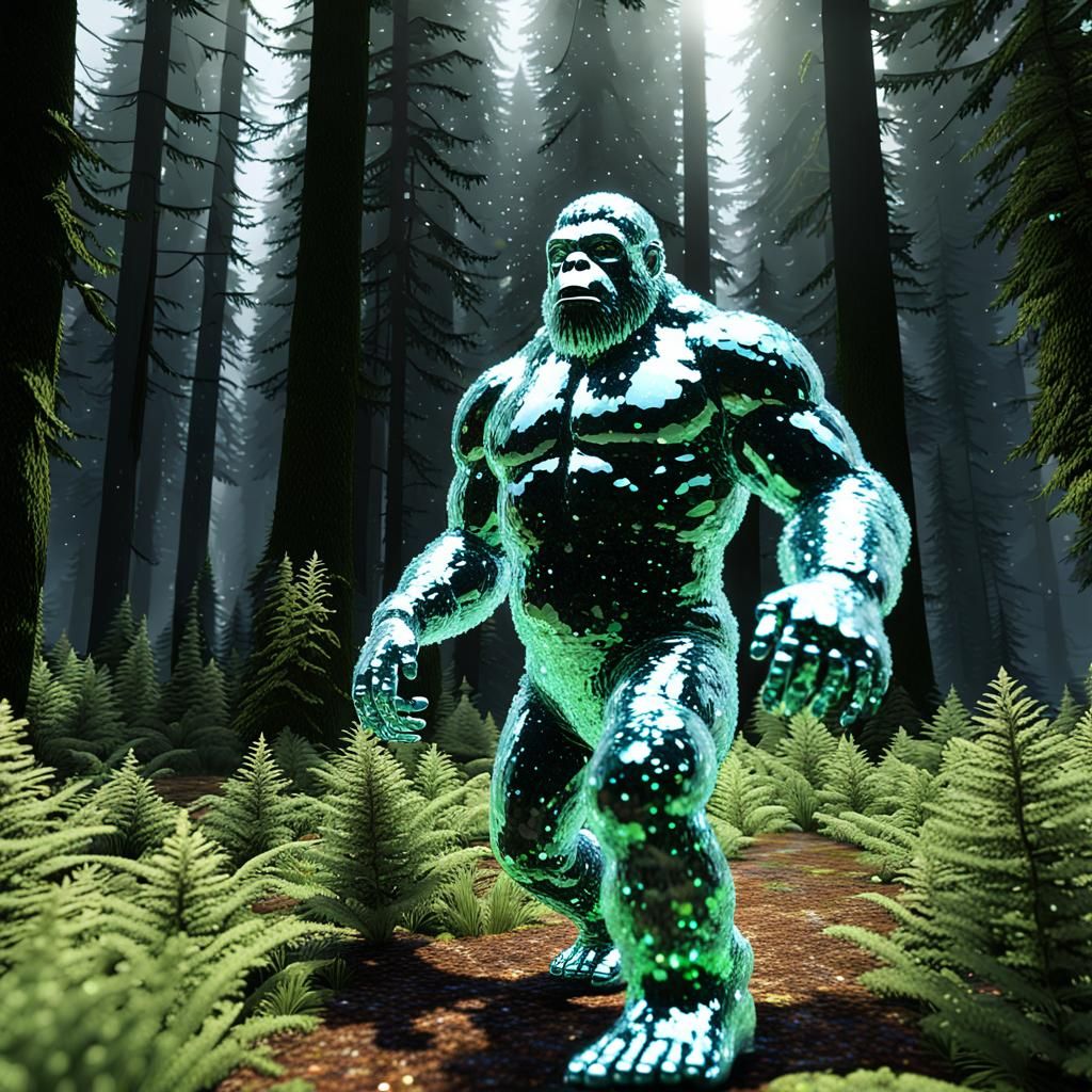 blue reflective crystal bigfoot running through saran rap that has alka seltzer bubbles and glitter inside floating arou...