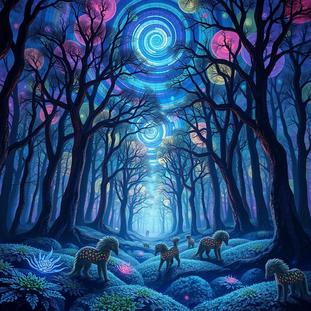 Stained Glass Forest Glade with Nebula Sky