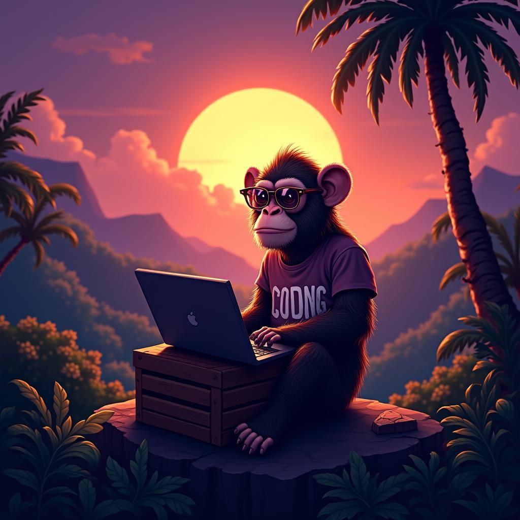 Monkey Coder at Sunset, Digital Art