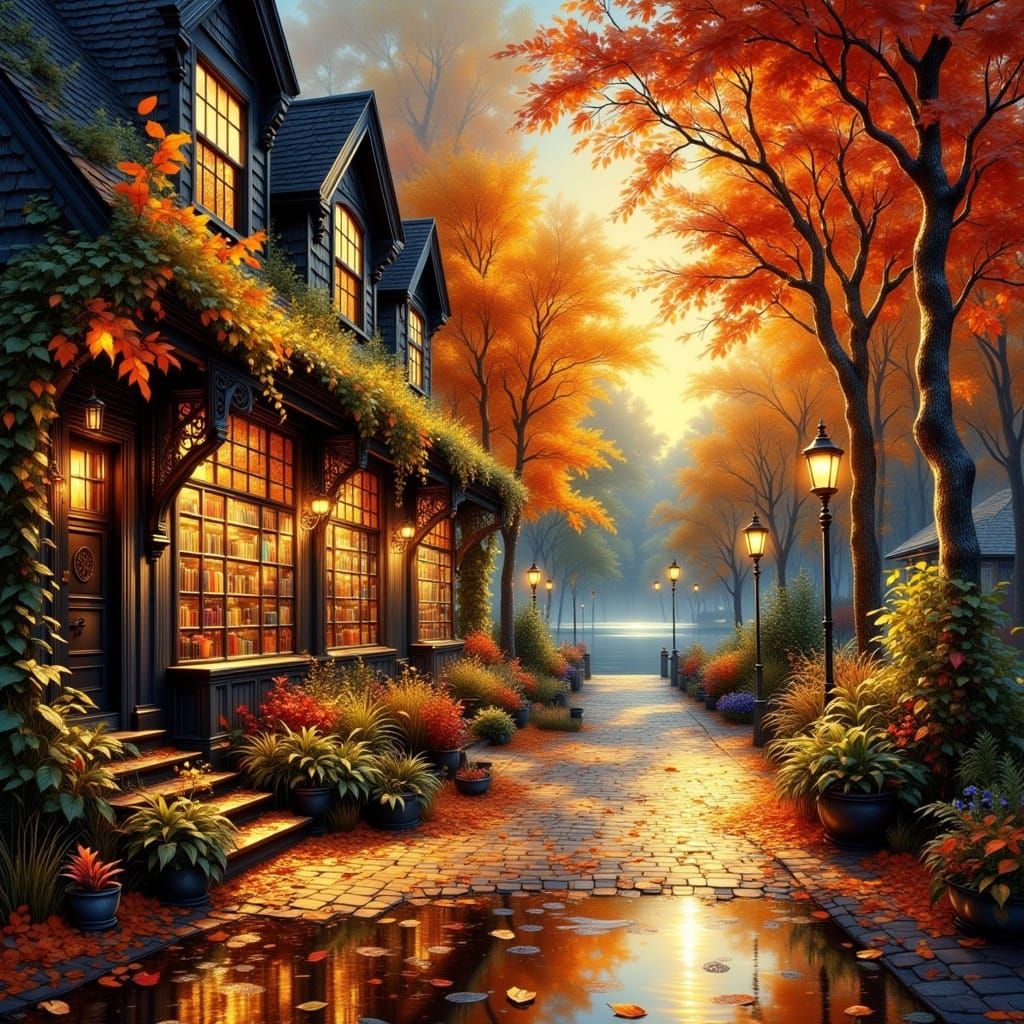 Cozy New England Bookstore in Autumn Bliss