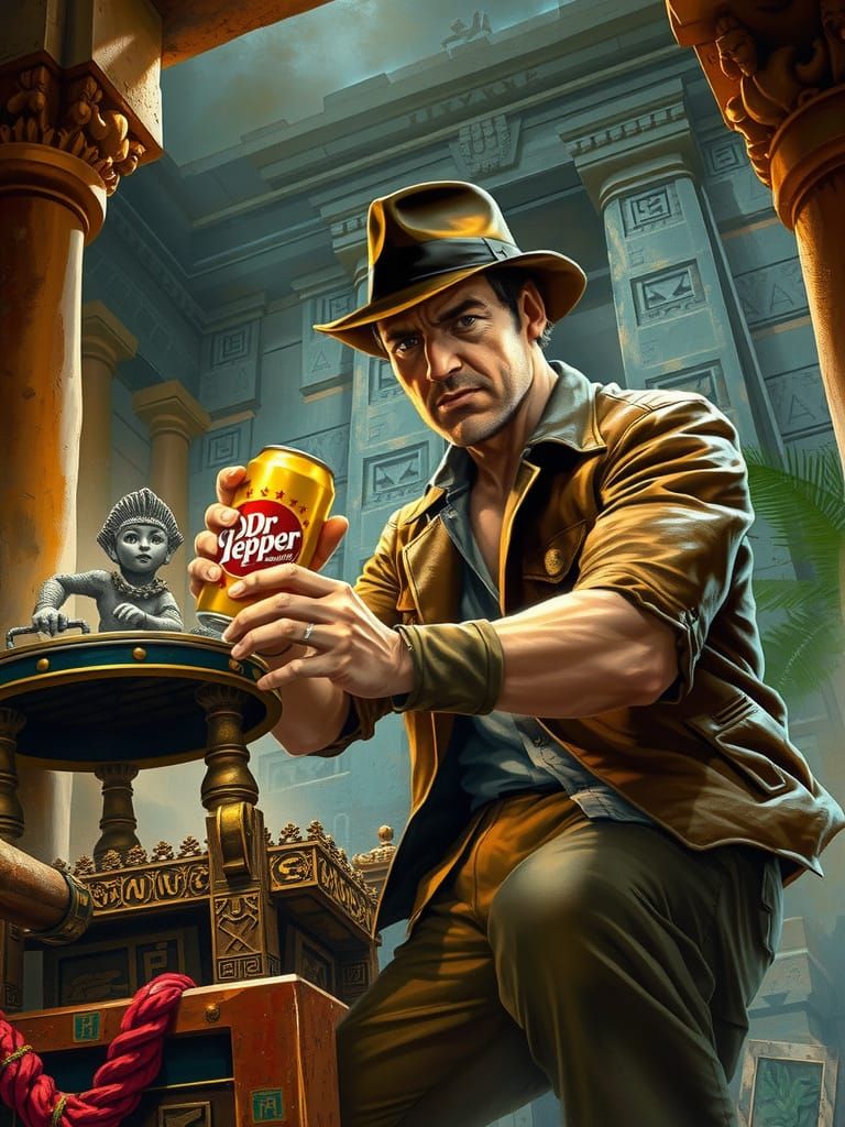 An image of Indiana Jones in lost ancient maya Temple, disar...