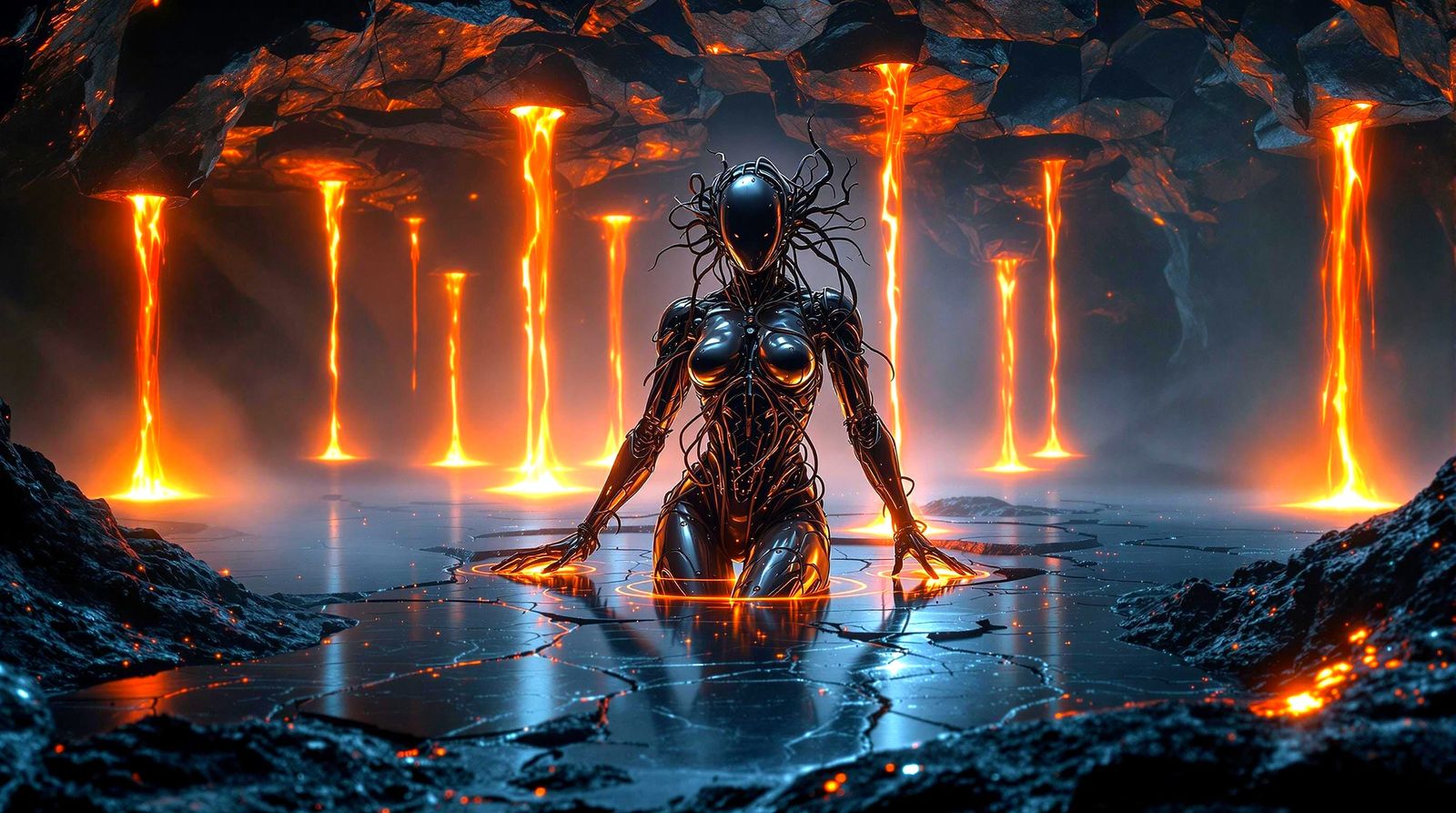 Biomechanical Cyborg Blooms from Obsidian Island in Lava