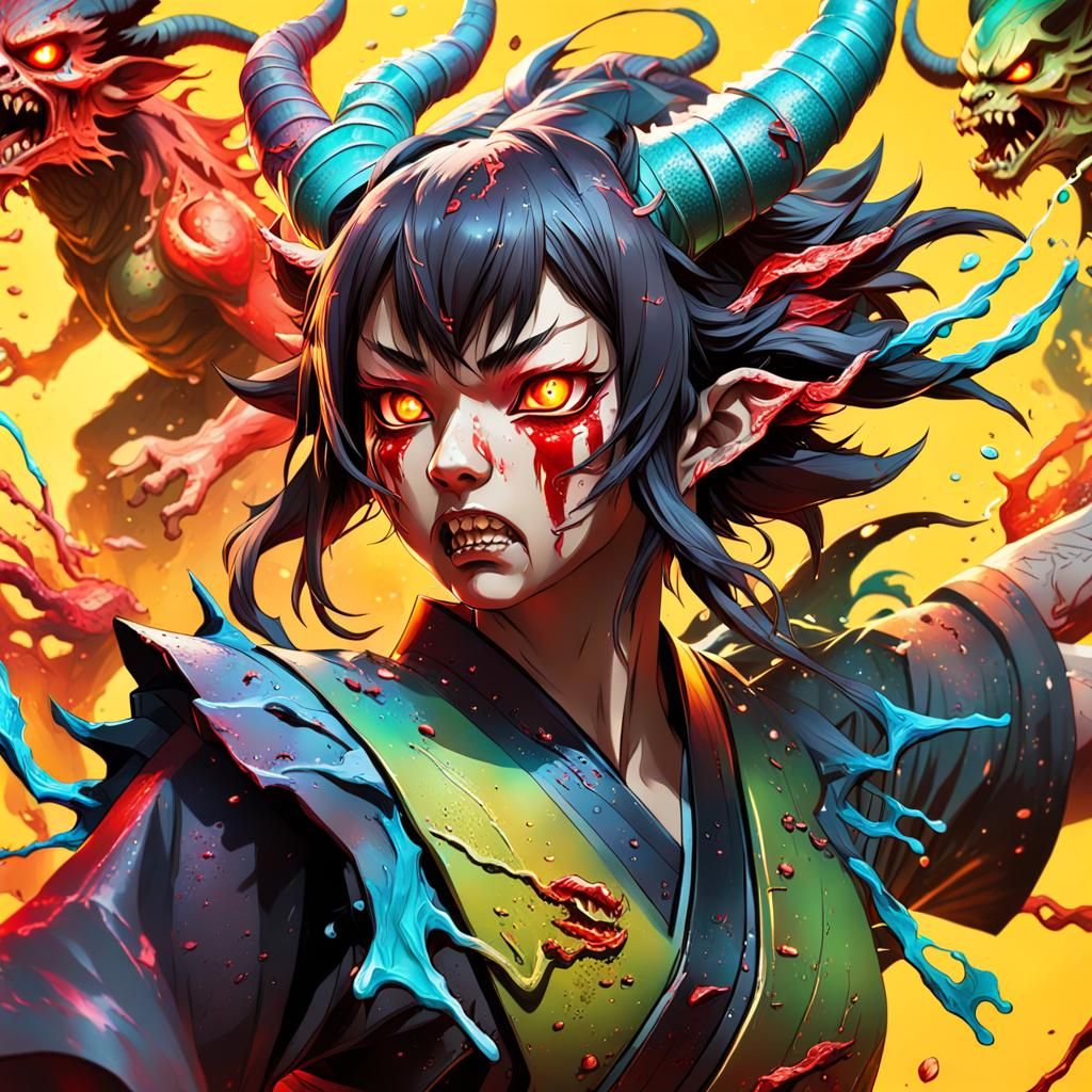 Hyperrealistic Japanese Teen Demons in Splash Art