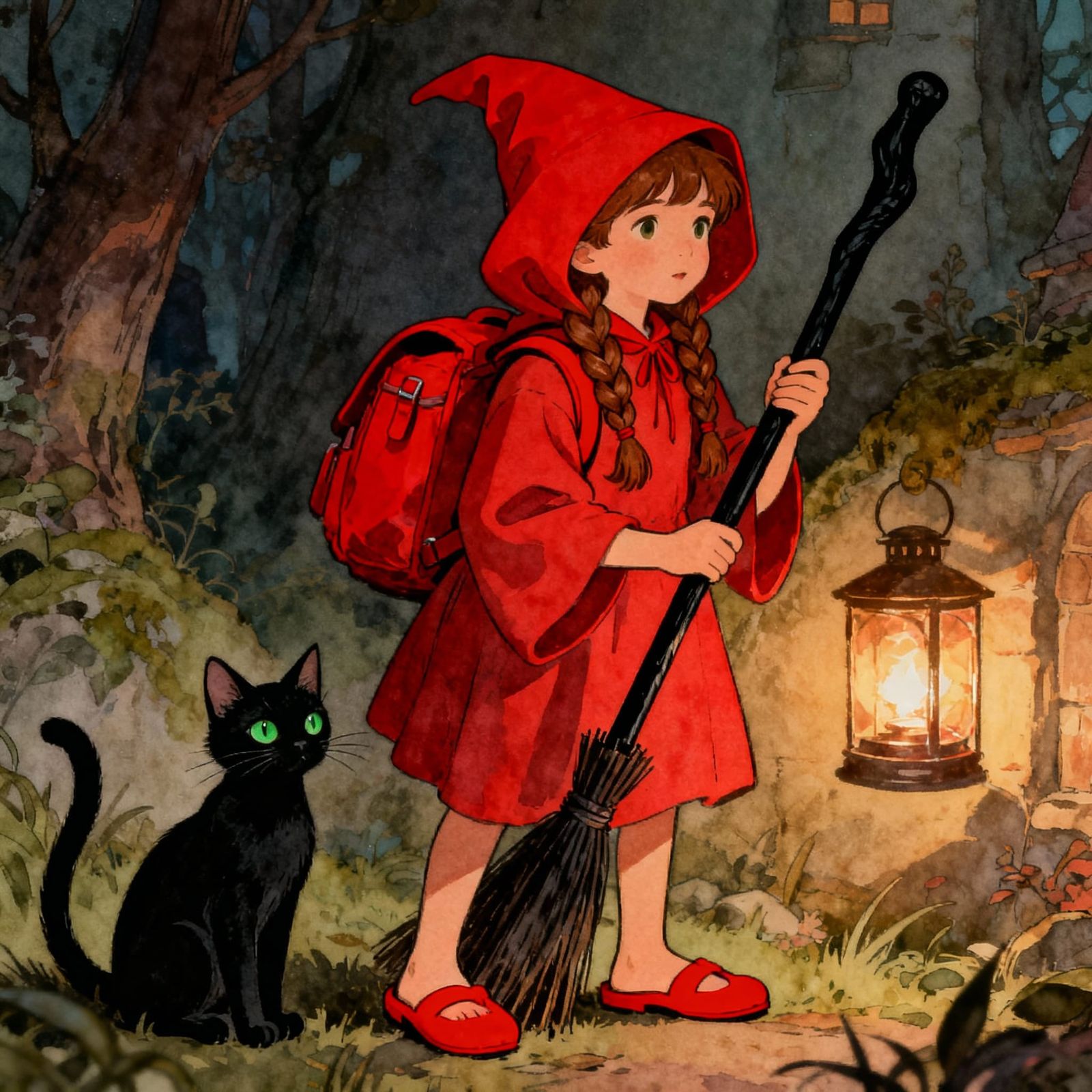 Whimsical Witch with Black Cat and Broomstick