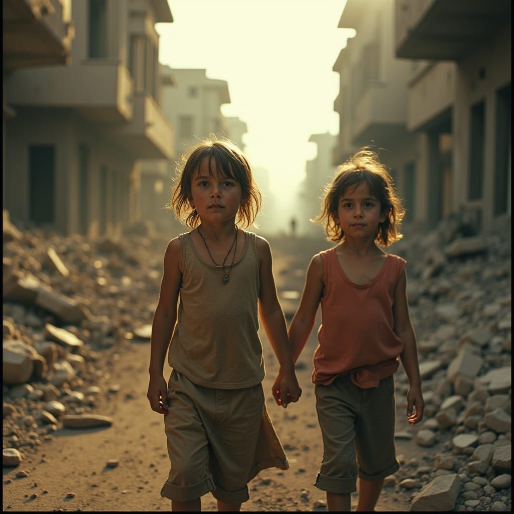 Children in War Zone Rubble, Cinematic Film Style