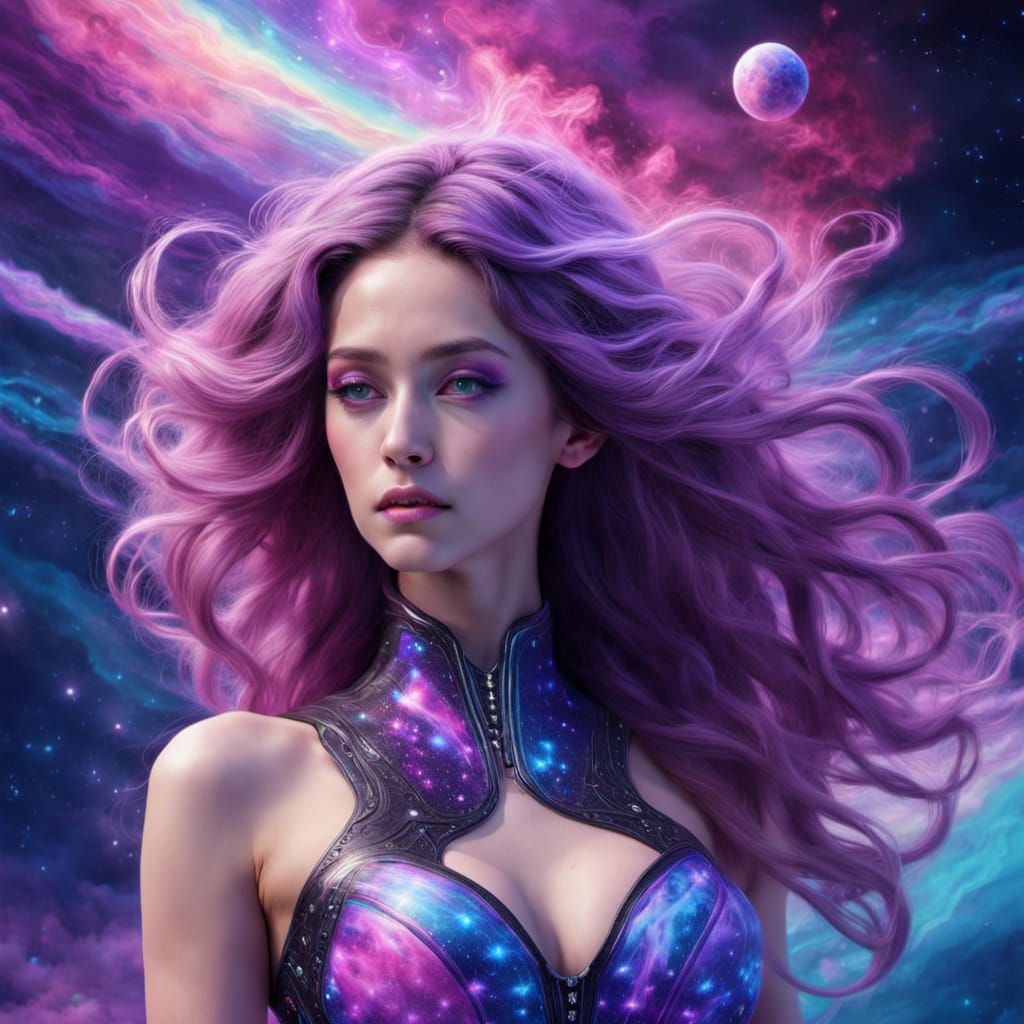 Futuristic Androgynous Woman in Cosmic Dress, Hyperdetailed