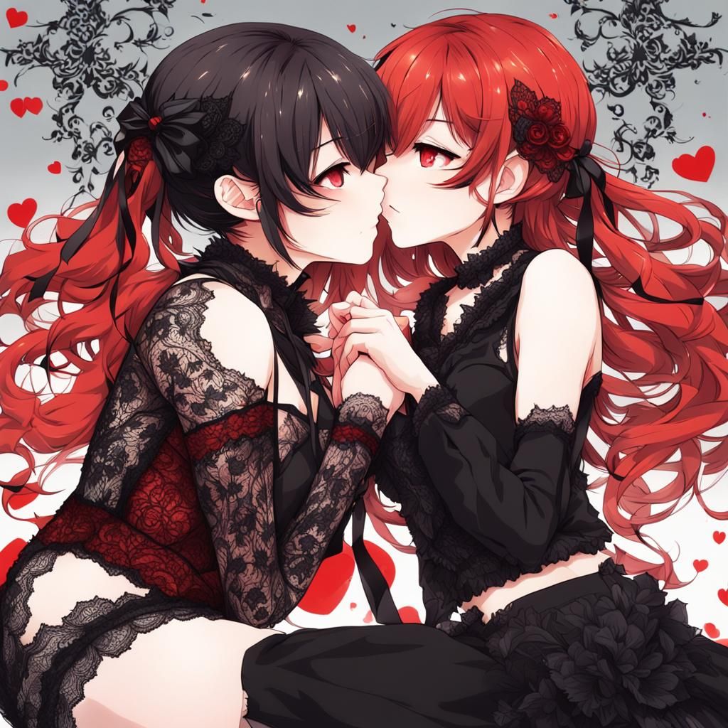 Metallic Haired Women Kissing in Anime Style