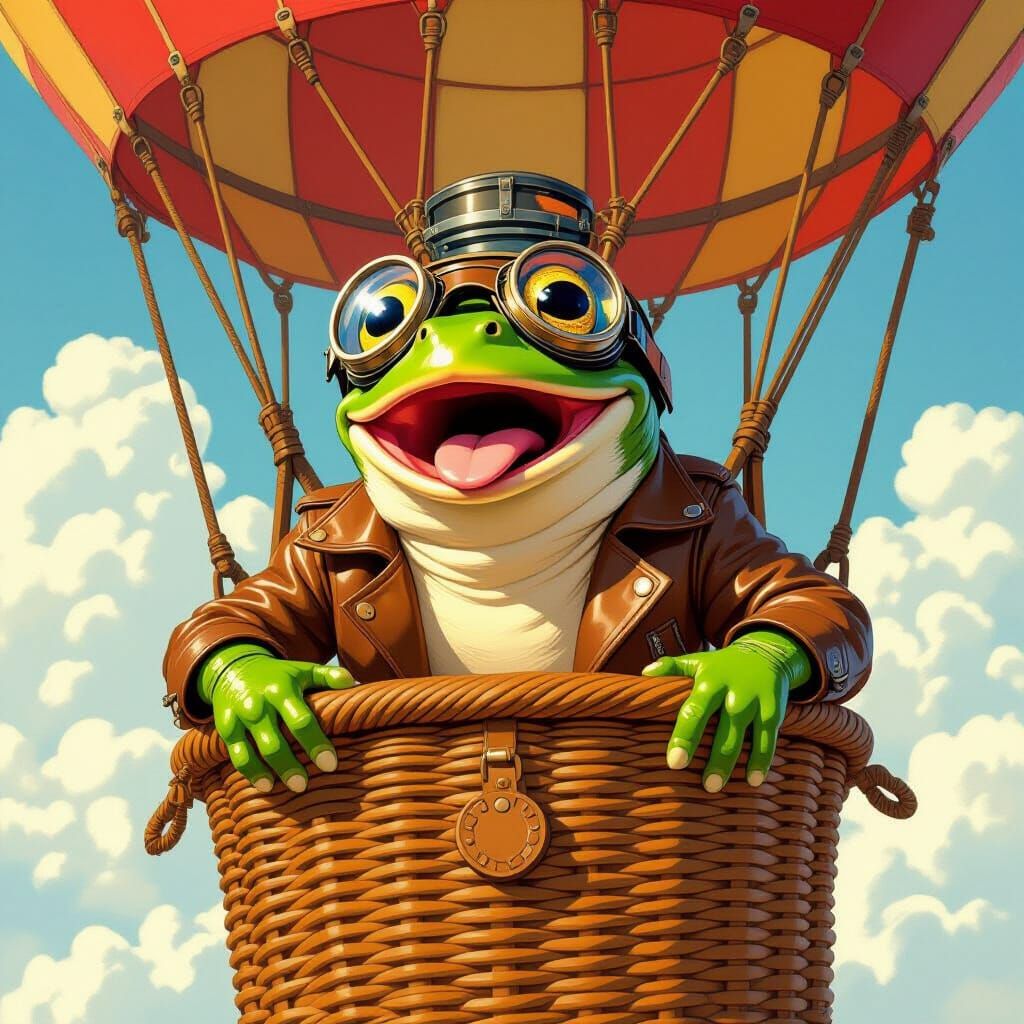 Frog Aviator in Hot Air Balloon, Whimsical Style