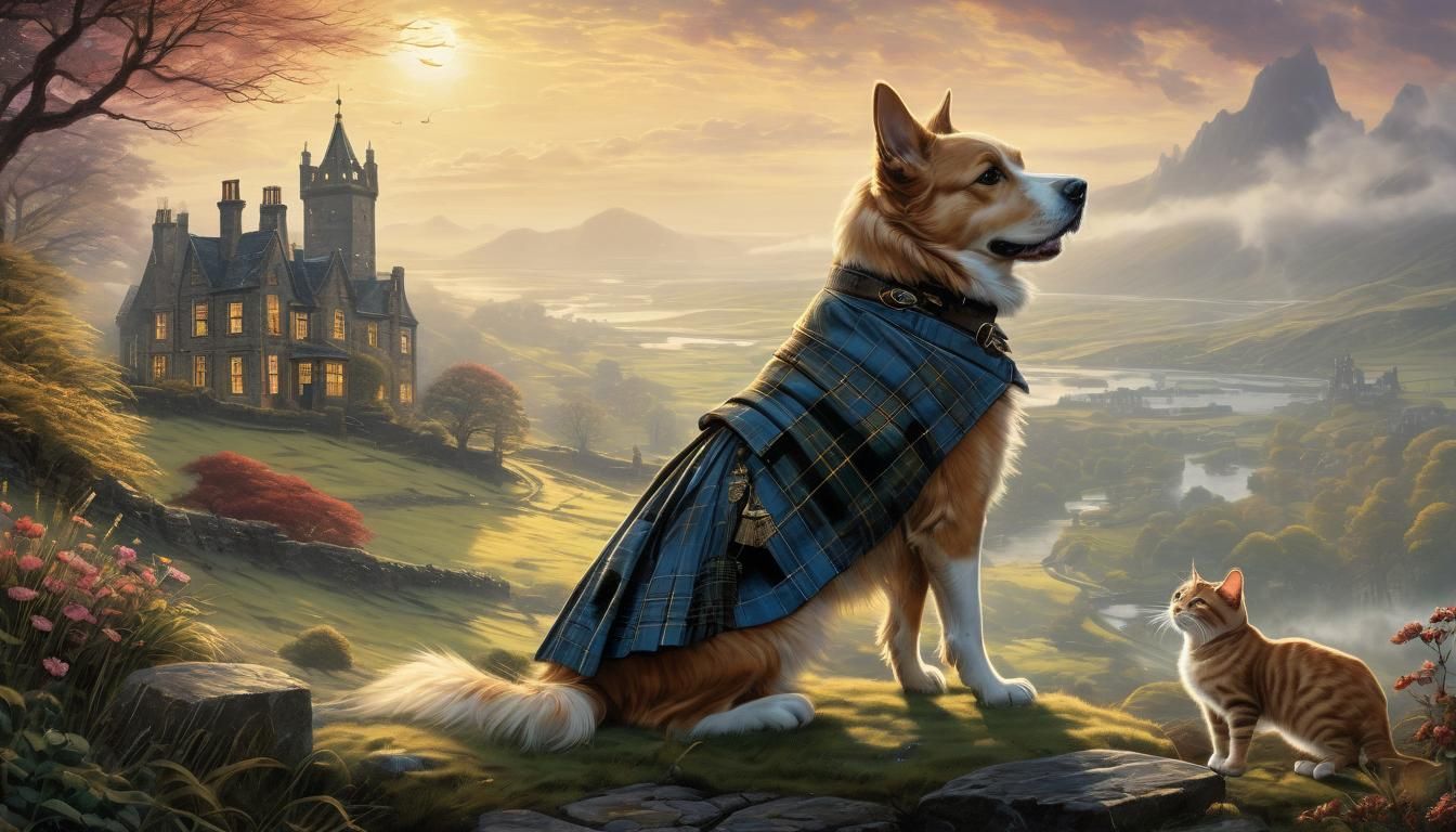 Scottish Dog and English Cat Embrace in Comic Art