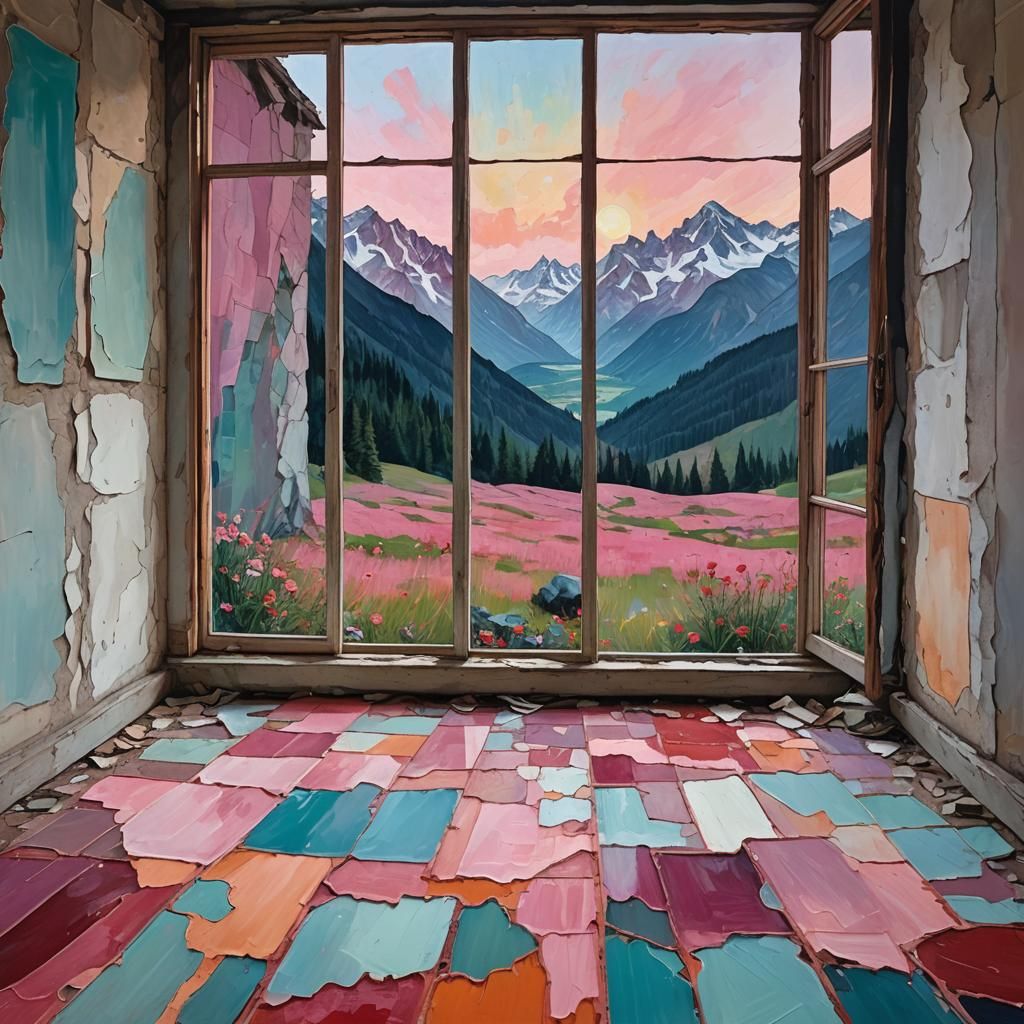 Abstract Building Merged with Mountain Landscape