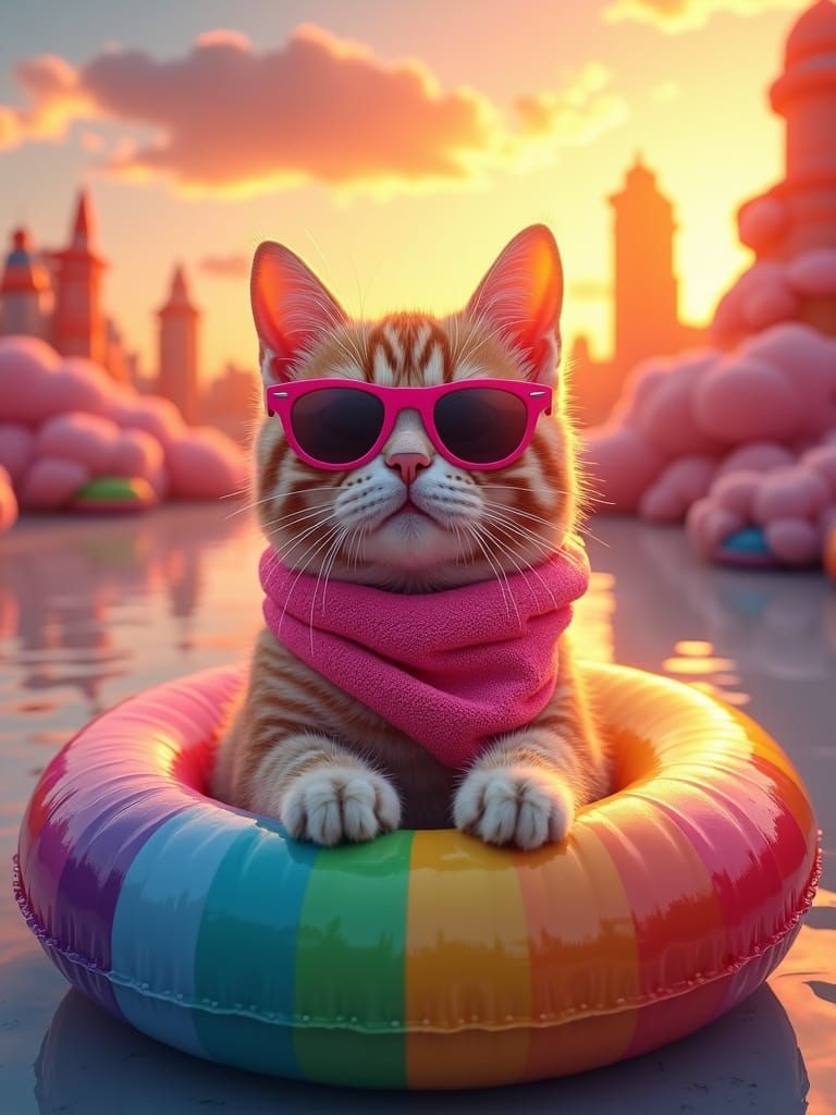 Whimsical Cat in Rainbow Float at Sunset