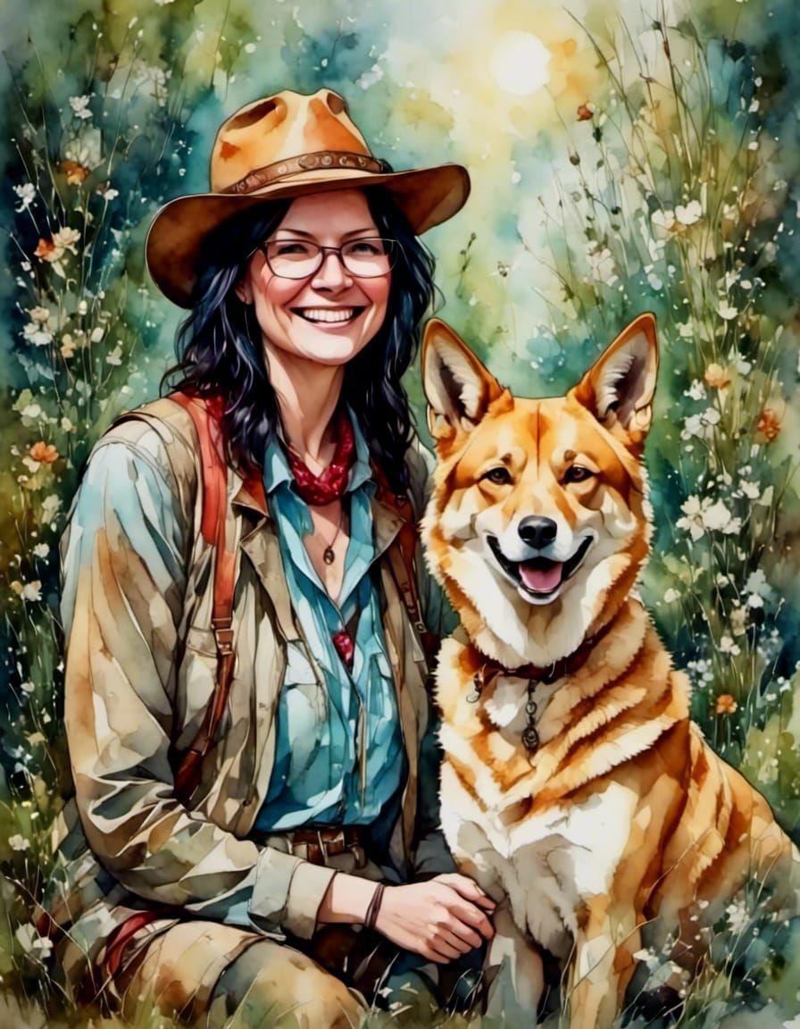 Portrait with Dingo in Watercolor Oil Painting