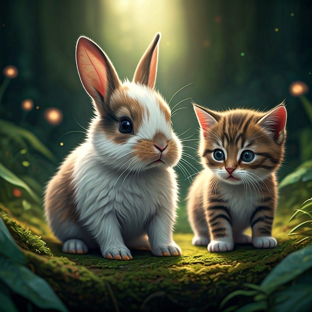 Rabbit and Kitten Duo in Fantasy Glade