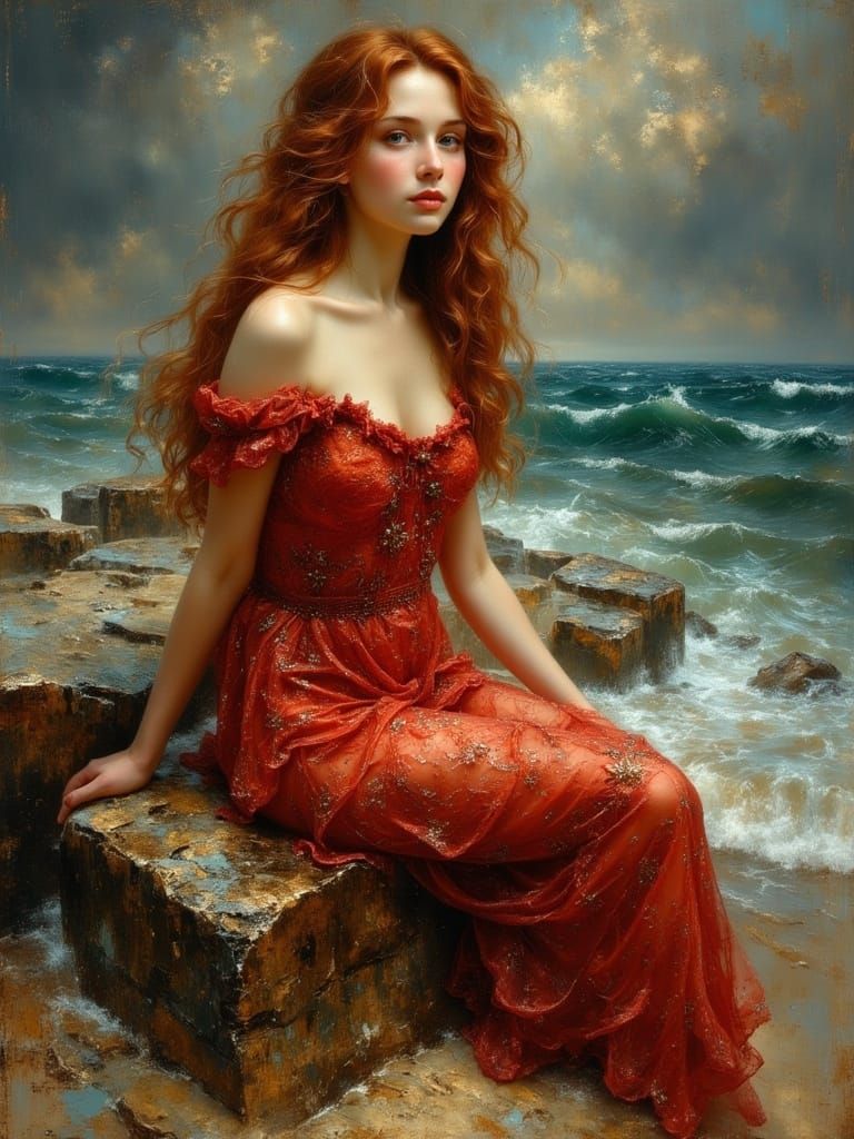 Surreal Oil Painting of Enchanting Woman Amidst Turbulent Se...