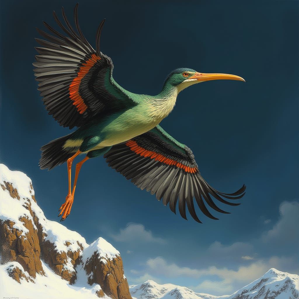 Green Bird Soaring Over Snowy Landscape