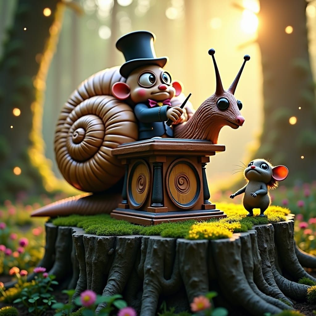 stunning image of a big cute adorable wacky snail playing a man orchestra, moody, grainy, noisy concept art, by Alberto ...