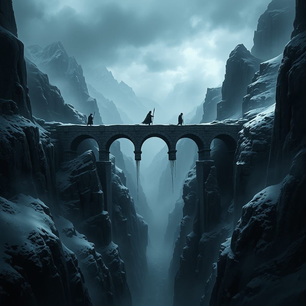 Mystical Stone Bridge in Snowy Canyon Landscape